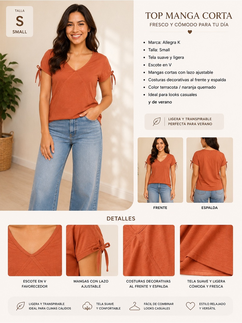Allegra K Terracotta Short Sleeve V-Neck Tie-Sleeve Blouse